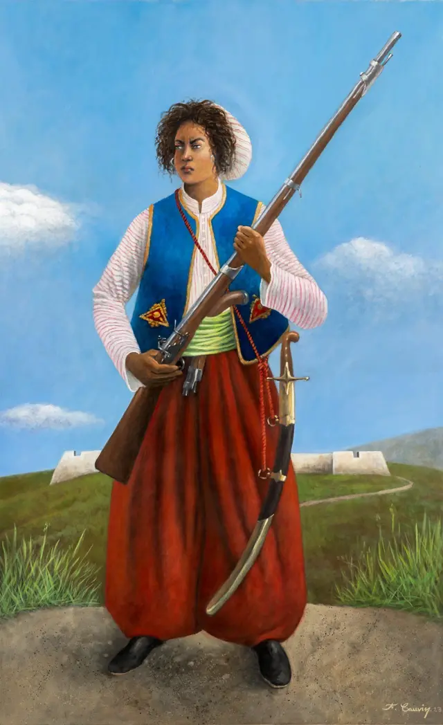 Marie Jeanne Lamartiniére, représentée par l'artiste François Cauvin, a porté l'uniforme masculin et s'est battue aux côtés des hommes pendant la révolution.