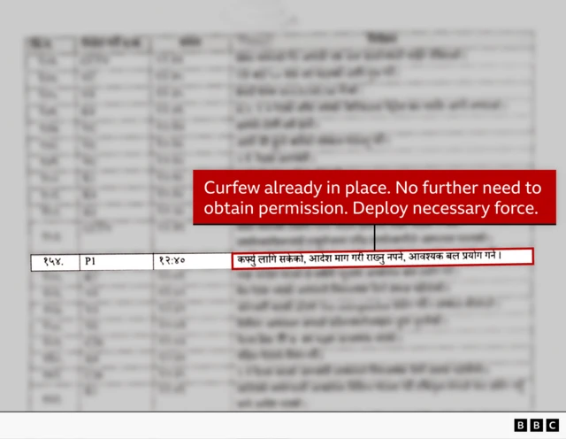 One blurry photo of a document with four columns and many rows; all di entries dey written in Nepalese. One row dey highlighted, with English translation provided: "Curfew already in place. No further need to obtain permission. Deploy necessary force."