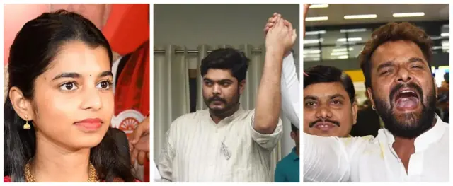 মৈথিলী ঠাকুর (বাঁয়ে), ওসামা শাহাব (মাঝে), খোসারি লাল যাদব (ডানে)