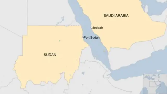 Map of Sudan and Saudi Arabia wey show Port of Sudan and Jeddah coastal city