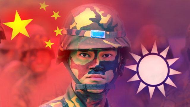 Ilustração mostra soldado entre bandeira da China e de Taiwan