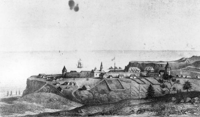 1828: Fort Ross en Bodega Bay, California, fundado por Ivan Kuskoff como puesto para la Compañía Ruso-Americana. En 1841 los rusos se retiraron y vendieron el fuerte al general John A. Sutter. (Foto de MPI/Getty Images) Abrir en Google Traductor • Co