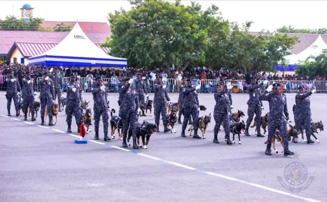Ghana Police parade di 49 dogs on 22 November as di 52nd cadet officers graduation wey happun for Accra