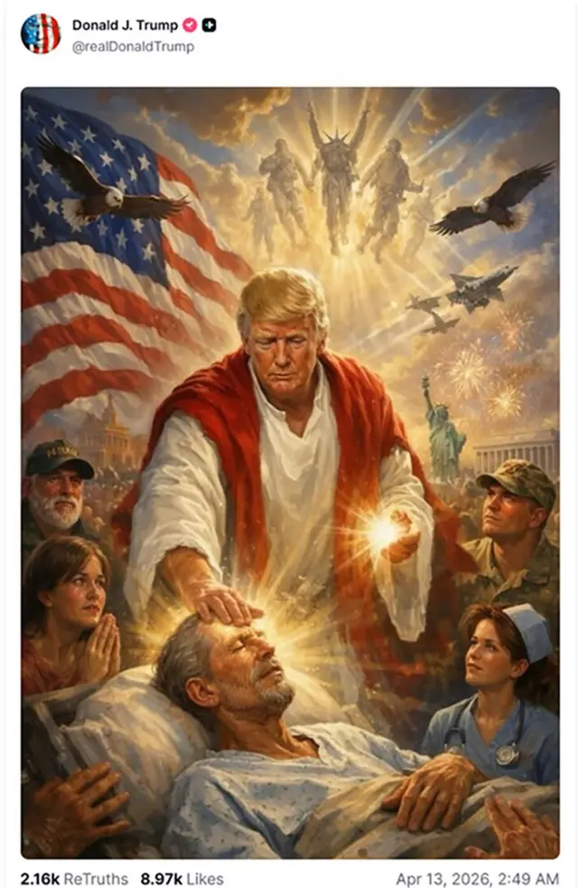 Una imagen ampliamente identificada como generada por IA muestra a Trump como una figura similar a Jesús que parece “sanar” a un hombre.