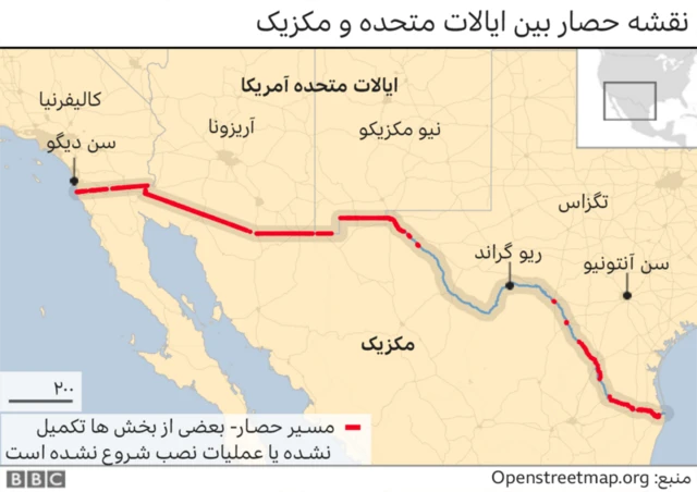 نقشه حصار بین ایالات متحده آمریکا و مکزیک