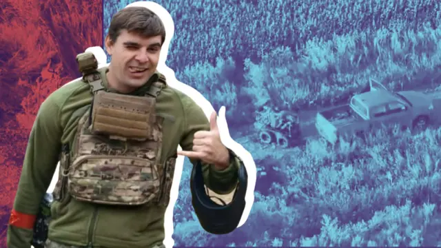Колаж з військовим, який показує знак "шака", і на фоні кадри з пікапом та НРК