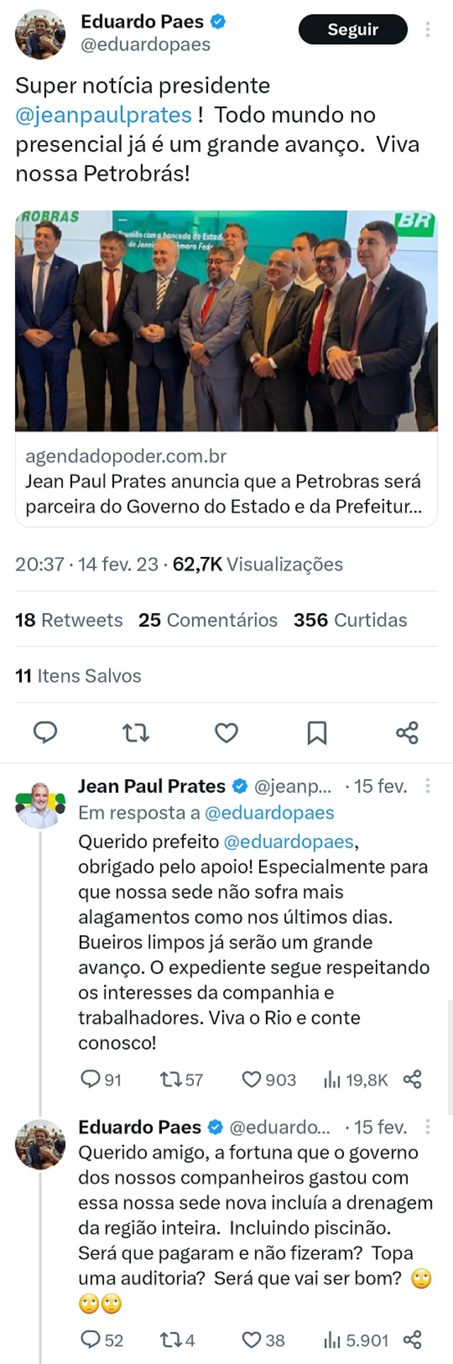 Capturabetano aposta como funcionatela mostra trocabetano aposta como funcionatuítes entre o presidente da Petrobras, Jean Paul Prates, e o prefeito do Rio, Eduardo Paes