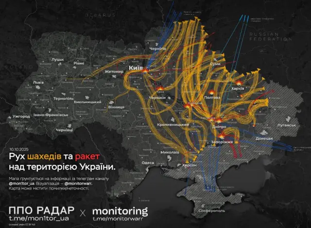 Приблизний напрямок руху шахедів та ракет під час удару по Україні, 10 жовтня 2025 року