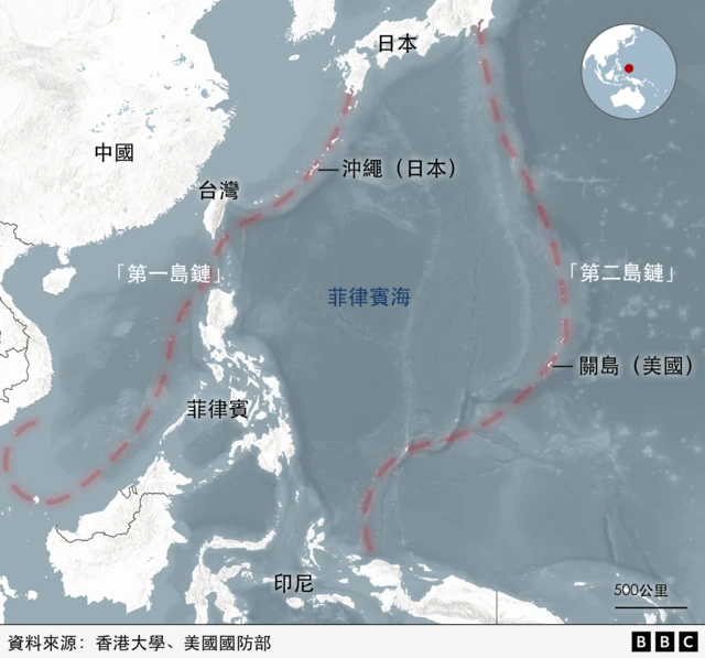 「第一島鏈」與「第二島鏈」示意圖