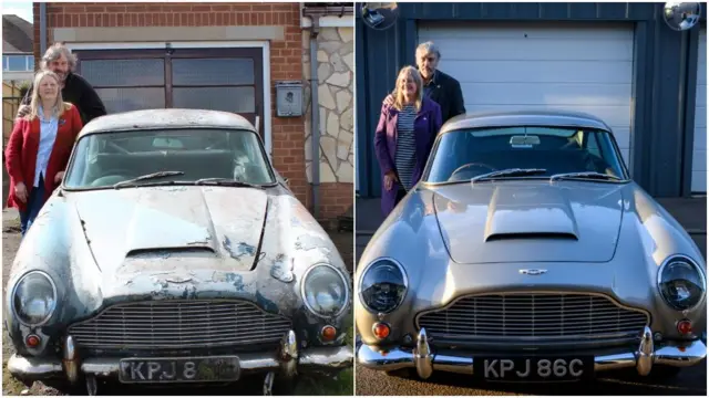 Слева — изображение до реставрации: ржавый и побитый Aston Martin DB5 стоит на подъездной дорожке к дому. Джон и Сьюзан Уильямс стоят рядом с ним и улыбаются в камеру. Сьюзан одела красный кардиган и синюю рубашку, у нее длинные светлые волосы. Джон обнял ее за плечи и стоит позади нее. Справа — фотография после реставрации: отреставрированный Aston Martin DB5 стоит на подъездной дорожке к дому. Джон и Сьюзан Уильямс стоят рядом с ним и улыбаются в камеру. 