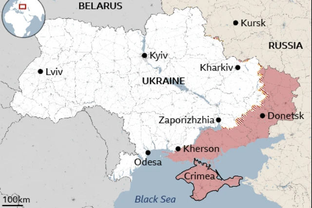 Taswirar of Ukraine da ke nuna wuraren da Rasha ke iko da su.