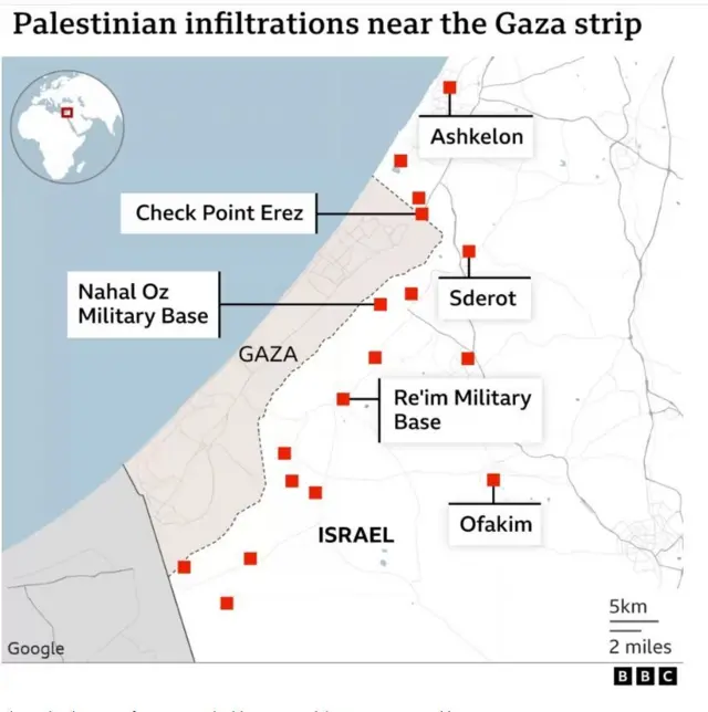 Maapụ na-egosi ebe ndị ekperima wakporo n'Isreal