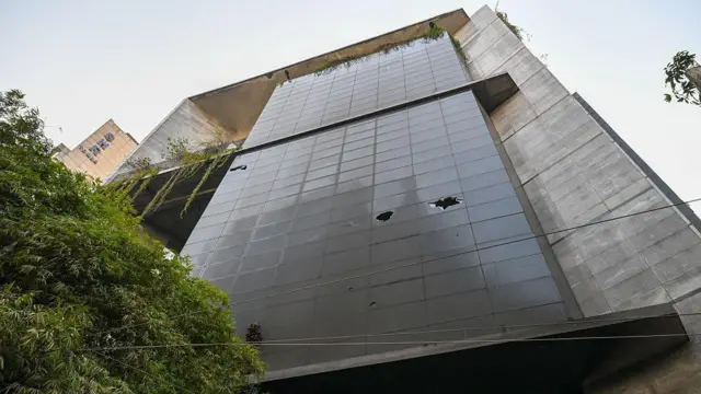 A general view of the multi-storey The Daily Star building, after it was attacked, vandalized, and set ablaze in Dhaka.