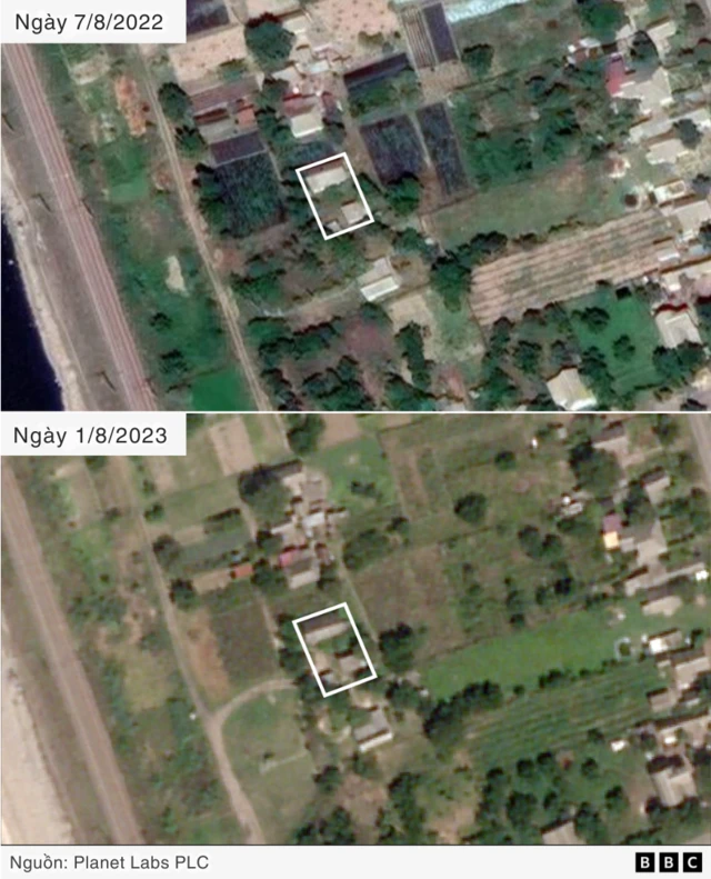 Đồ họa do Mark Edwards của BBC thiết kế cho thấy hai bức ảnh về ngôi nhà thời thơ ấu của Vitaly chụp bằng vệ tinh vào tháng 8/2022 và tháng 8/2023
