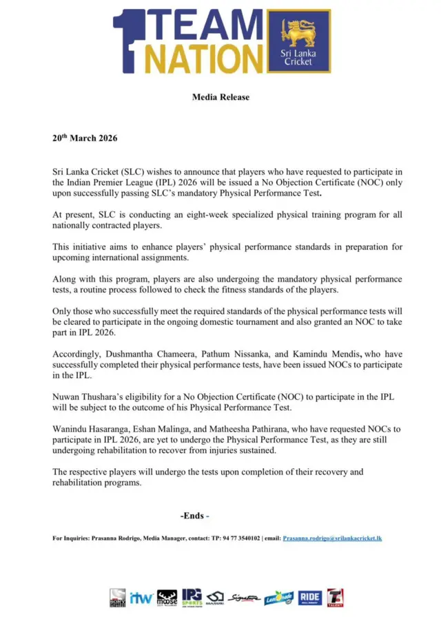 විදෙස් රටවල පැවැත්වෙන ලීග් තරගාවලි සඳහා ක්‍රීඩකයින්ට ලබාදෙන විරෝධතා නොමැති සහතිකය (NOC) පිළිබඳව ශ්‍රී ලංකා ක්‍රිකට් ආයතනය විසින් නිකුත් කළ නිවේදනය
