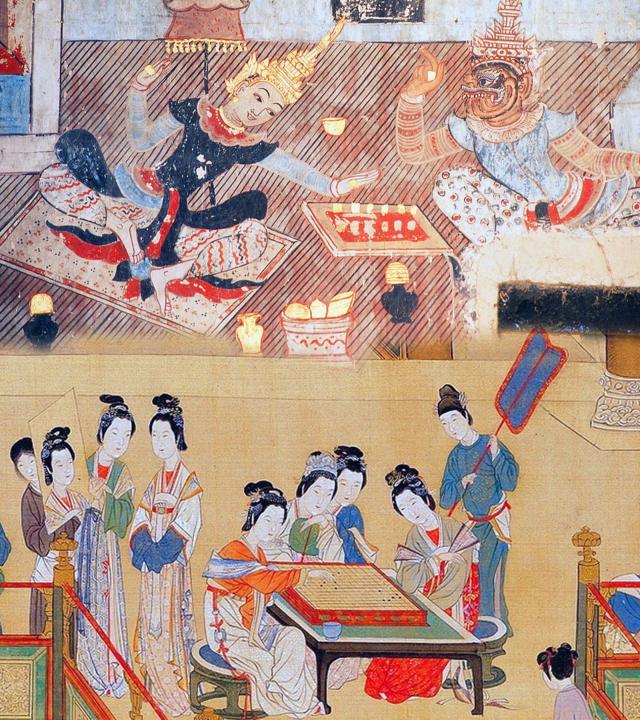 Arriba: el príncipe Siddhartha y un demonio juegan al ajedrez. Abajo: un grupo de damas de palacio jugando 'Go' en la Ciudad Prohibida, Beijing, Dinastía Ming.
