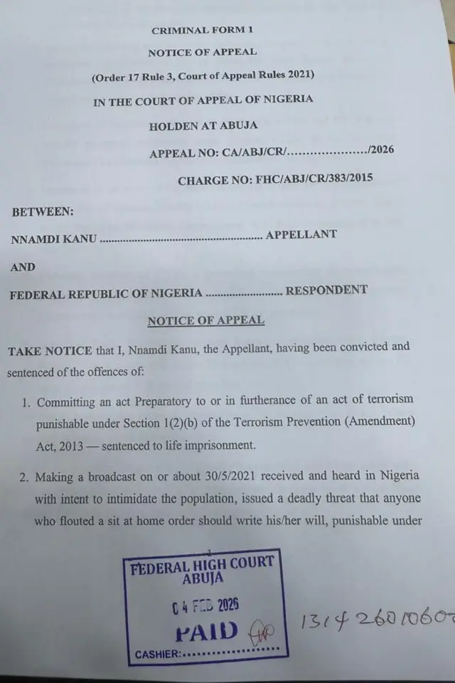 Foto akwụkwọ mkpegharị Nnamdi Kanu degarala ụlọikpe nke e binyere aka