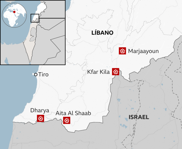 Mapa da fronteira entre Israel e Líbano