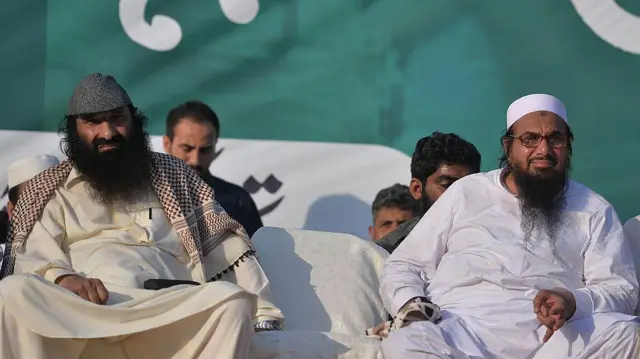 হিজবুল মুজাহিদিন প্রধান সৈয়দ সালাউদ্দিন (বাঁয়ে), লস্কর-এ-তৈবার প্রধান হাফিজ সৈয়দ (ডানে)