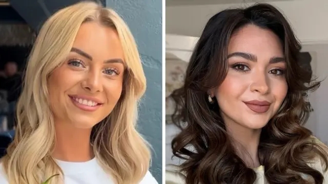 Two photos of women next to each other - one blonde with a white top, one brunette with a white top, both smiling at the camera
