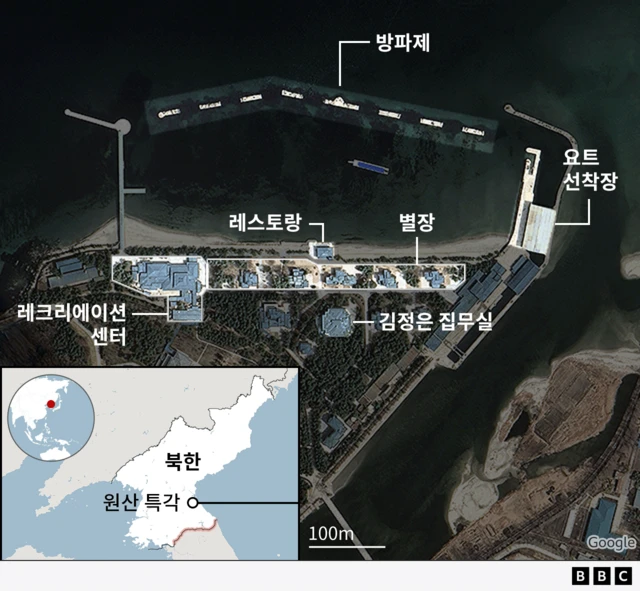 구글어스를 통해 본 원산 특각. 강 씨에 따르면 2500여 명의 974부대 대원들이 이 특각을 지키고 있다