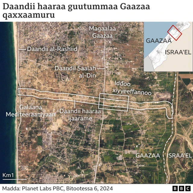 A satellite image showing the new road running across Gaza