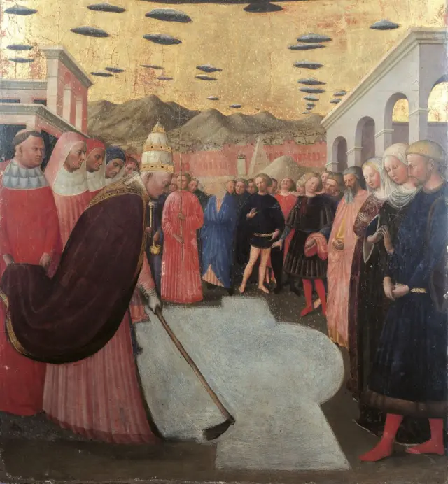 Pintura del siglo XVI donde se ve al papa Liberio barriendo nieve.