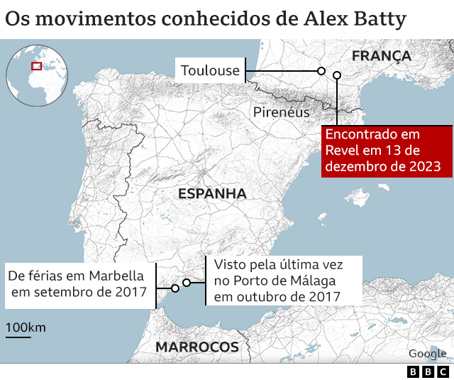 Mapa mostra os movimentos conhecidoscandy bonanzaAlex Batty desde o seu desaparecimento