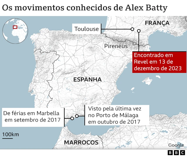 Mapa mostra os movimentos conhecidosapk mr jack betAlex Batty desde o seu desaparecimento