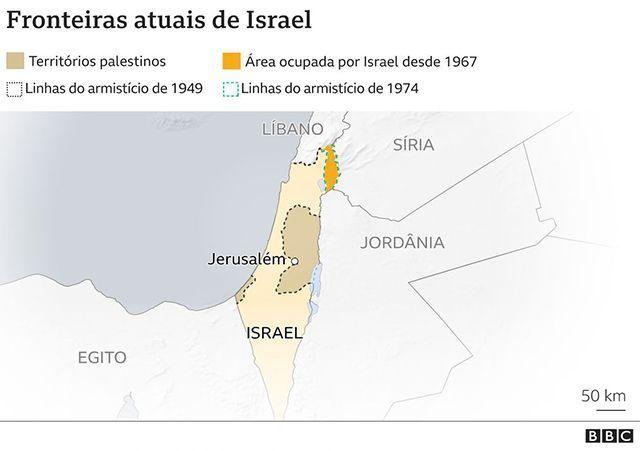 Mapa mostra fronteiras atuaisw1n betIsrael