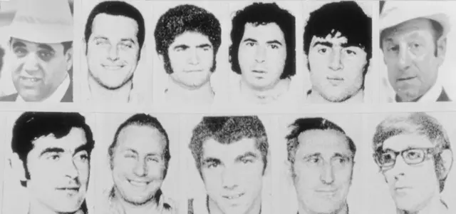 Portraits of the eleven Israeli athletes and coaches slain in West Germany at the 1972 Olympic Games. They are (top left to right): Yosef Gutfreund, 40; Moshe Weinberg, 33: Yoseph Romano, 32; David Berger, 28; Mark Slavin, 18; Yaacov Springer, 52; (bottom left to right): Ze'ev Friedman, 28; Amitsur Shapira, 40; Eliezer Halfin, 24; Kehat Schorr, 53; Andre Spitzer, 27