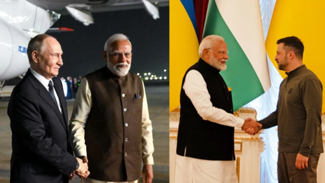 யுக்ரேன் போர் தொடங்கியதிலிருந்து பிரதமர் மோடி ரஷ்ய அதிபர் விளாடிமிர் புதின் (இடது) மற்றும் யுக்ரேன் அதிபர் ஸெலன்ஸ்கி (வலது) இருவரையும் சந்தித்துள்ளார்