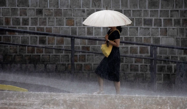 비오는 광화문 거리를 걷고 있는 한 시민