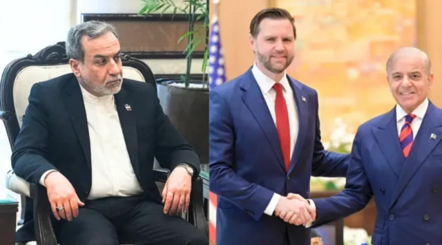 ਈਰਾਨ ਦੇ ਵਿਦੇਸ਼ ਮੰਤਰੀ ਅੱਬਾਸ ਅਰਾਗਚੀ (ਖੱਬੇ) ਅਤੇ ਅਮਰੀਕੀ ਉਪ-ਰਾਸ਼ਟਰਪਤੀ ਜੇਡੀ ਵੈਂਸ (ਵਿਚਕਾਰ) ਅਤੇ ਪਾਕਿਸਤਾਨ ਦੇ ਪ੍ਰਧਾਨ ਮੰਤਰੀ ਸ਼ਾਹਬਾਜ਼ ਸ਼ਰੀਫ (ਸੱਜੇ)