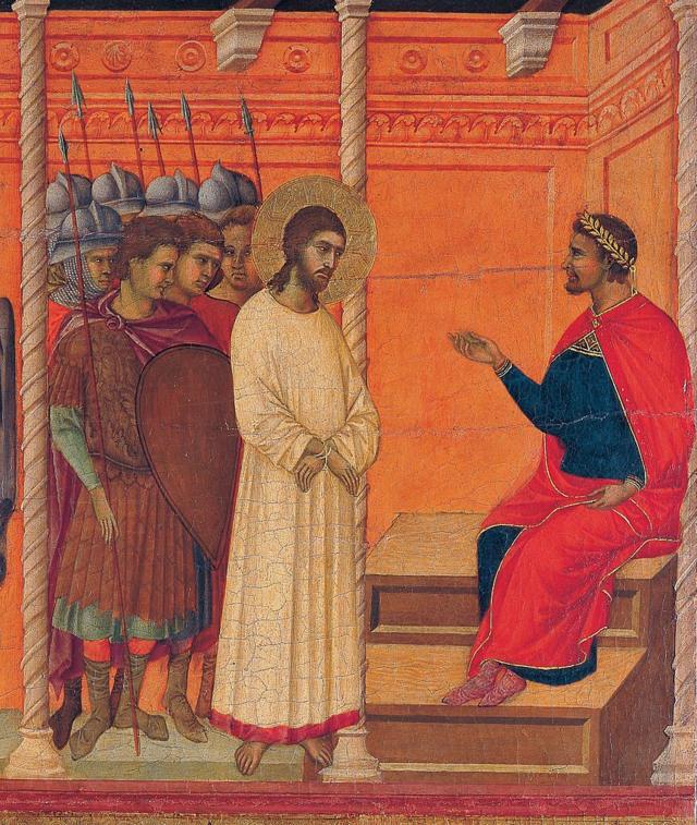لوحة "محاكمة المسيح" للرسام الإيطالي دوتشيو دي بوننسغنا عام 1311
