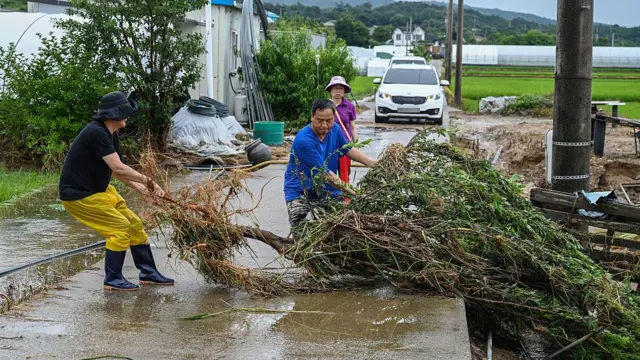 住民たちが洪水で流されてきた木を片付けるため、引っ張り上げようとしている。1人は黒い長靴をはいている。女性1人がその様子を見ている。道路の奥には車2台が停まっている