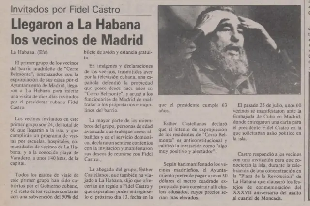 Captura de pantalla de una noticia aparecida en el Diario Palentino sobre la llegada de los vecinos de Cerro Belmonte a la Habana. La información está ilustrada con una fotografía close up de Fidel Castro.