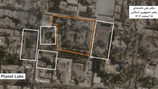 مناطقی که با کادر سفید مشخص شده در اثر حمله دوم اسرائیل تخریب شده‌اند 