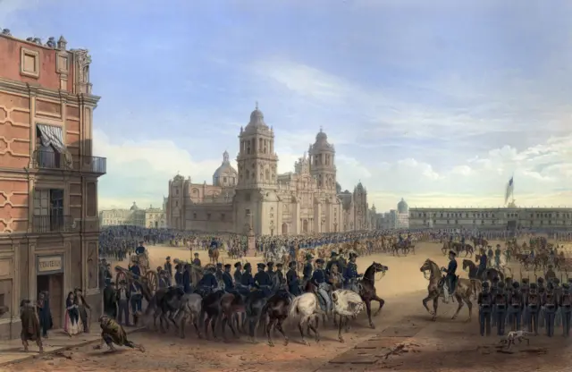 Ilustração da entrada do general Scott no 'Zócalo' da Cidade do México, com a bandeira dos EUA hasteada no Palácio Nacional