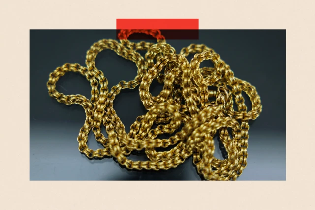 A gold chain on top countertop for a jeweller in Hatton Gardens on 16 April 2025 in London.