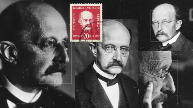 Montagem de fotos de Max Planck, em diferentes ângulos, e um selo postal da antiga Alemanha Oriental com sua efígie