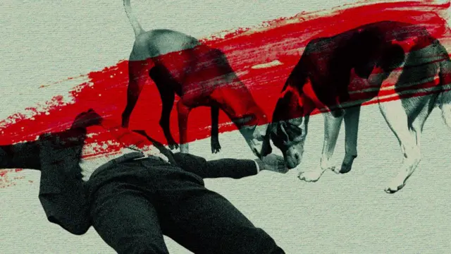 A graphical representation of a body on the ground with dogs with their heads bowed over it