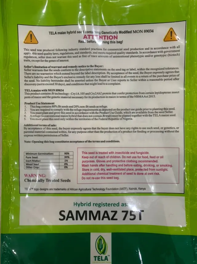 Di back of the TELA maize seed wey show di warning say di seeds na GMO