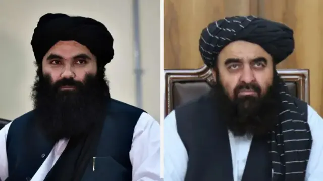 دو تصویر در کنار یکدیگر - سمت راست، امیرخان متقی، وزیر خارجه حکومت طالبان، سمت چپ، سراج‌الدین حقانی وزیر داخله حکومت طالبان