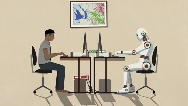 Profissional de tecnologia trabalhando em um computador, em frente a um robô que também está trabalhando em um computador