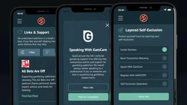 Três celulares mostram diferentes interfaces do aplicativo Gamban