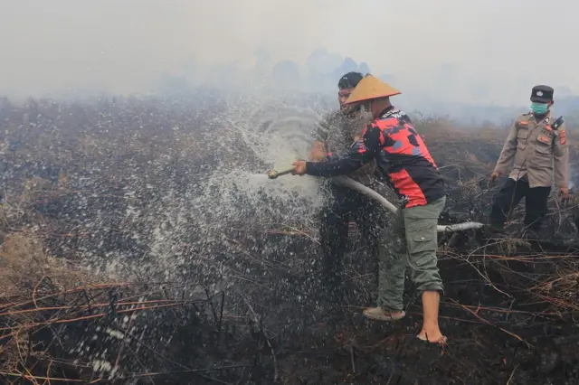 Upaya pemadaman dan pendinginan saat penanganan kebakaran hutan dan lahan (karhutla) di kawasan lahan gambut di Desa Kuta Padang, Aceh.