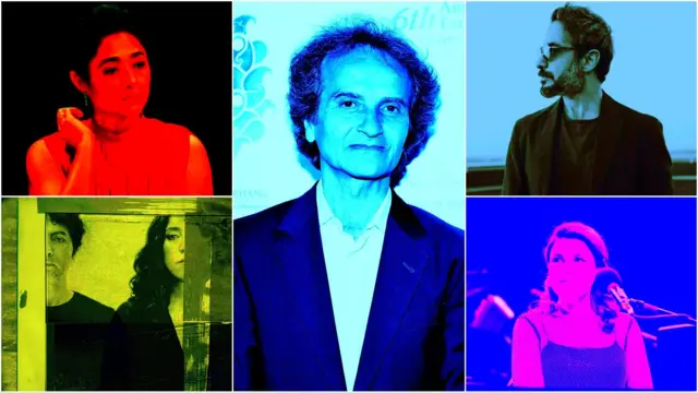 از راست بالا: ، علی عظیمی، ملیحه مرادی، شهرداد روحانی، گلشیفته فراهانی و گروه ایندو از جمله هنرمندانی بودند که به مناسبت سالگرد کشته شدن مهسا امینی و آغاز اعتراض‌های ایران، آثار جدیدی منتشر کردند