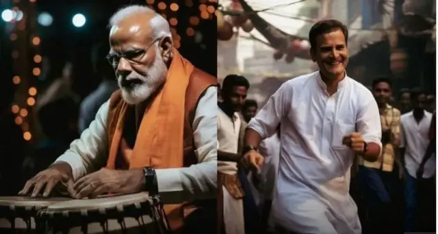 কনটেন্ট ক্রিয়েটর শাহিদ শেখের সামাজিক যোগাযোগ মাধ্যম থেকে নেওয়া নরেন্দ্র মোদী এবং রাহুল গান্ধীর ছবি যা তিনি তৈরি করেছেন কৃত্রিম বুদ্ধিমত্তার সাহায্যে। 