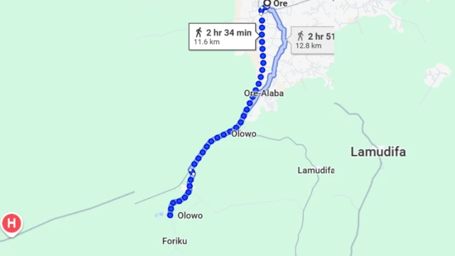 Map show distance between Foriku and Ore